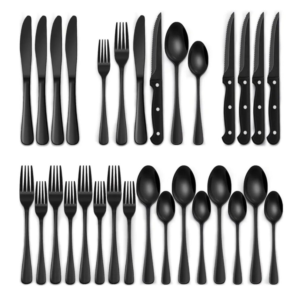 24-Piece Black Silverware Set - Food-Grade Stainless Steel Tableware Cutlery Set